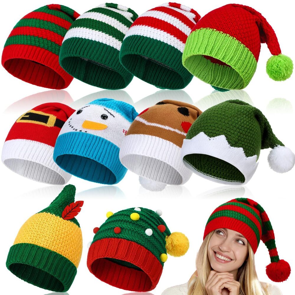 5470 10 Pcs Christmas Elf Hat Knitted Santa Hats Bulk Adult Crochet Beanies